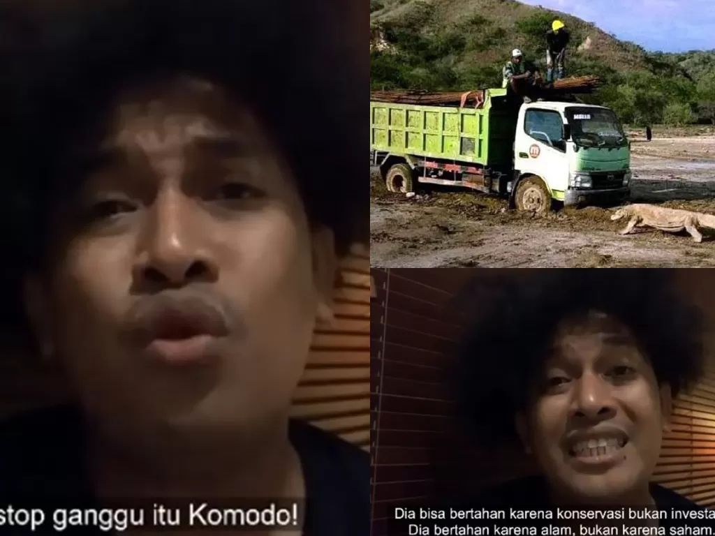Kolase cuplikan video komika Abdur Arsyad (Instagram @abdurarsyad) dan foto viral komodo adang truk di Pulau Rinca (ANTARA)