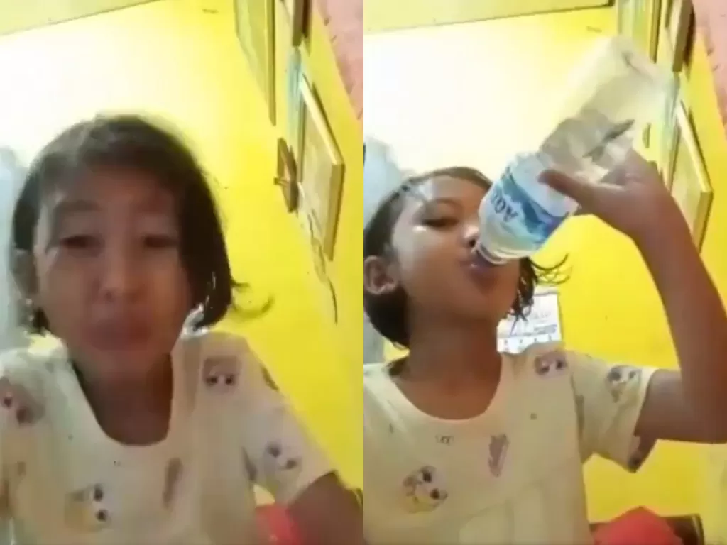 Cuplikan video bocah yang kepedasan berakhir minum air isi cupang. (photo/Twitter/@ReceinAja)