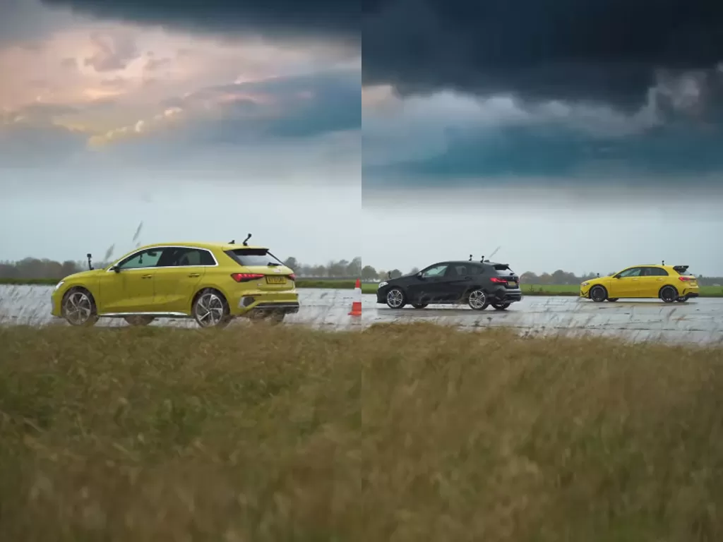 Tampilan mobil Audi S3 2021, BMW M135i, dan AMG A35 (photo/YouTube/Carwow)