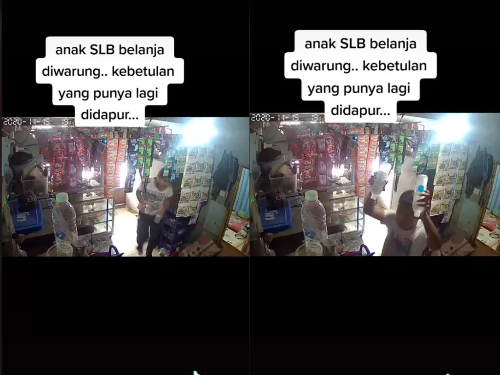 Cuplikan video saat anak kebutuhan khusus yang jujur saat berbelanja saat jaga warung. (photo/TikTok/@husnulmalik)