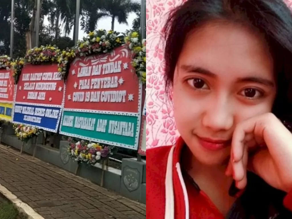 Karangan bunga untuk Pangdam Jaya. (Instagram/warung_jurnalis) / Karyawati yang bunuh diri. (Facebook)