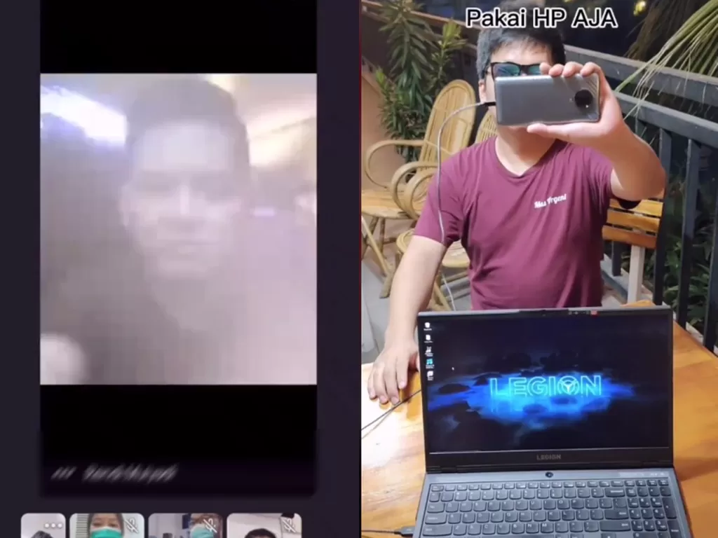 Pria yang berikan tips kamera hape yang jadi webcam laptop. (photo/TikTok/@masmasdarurat)