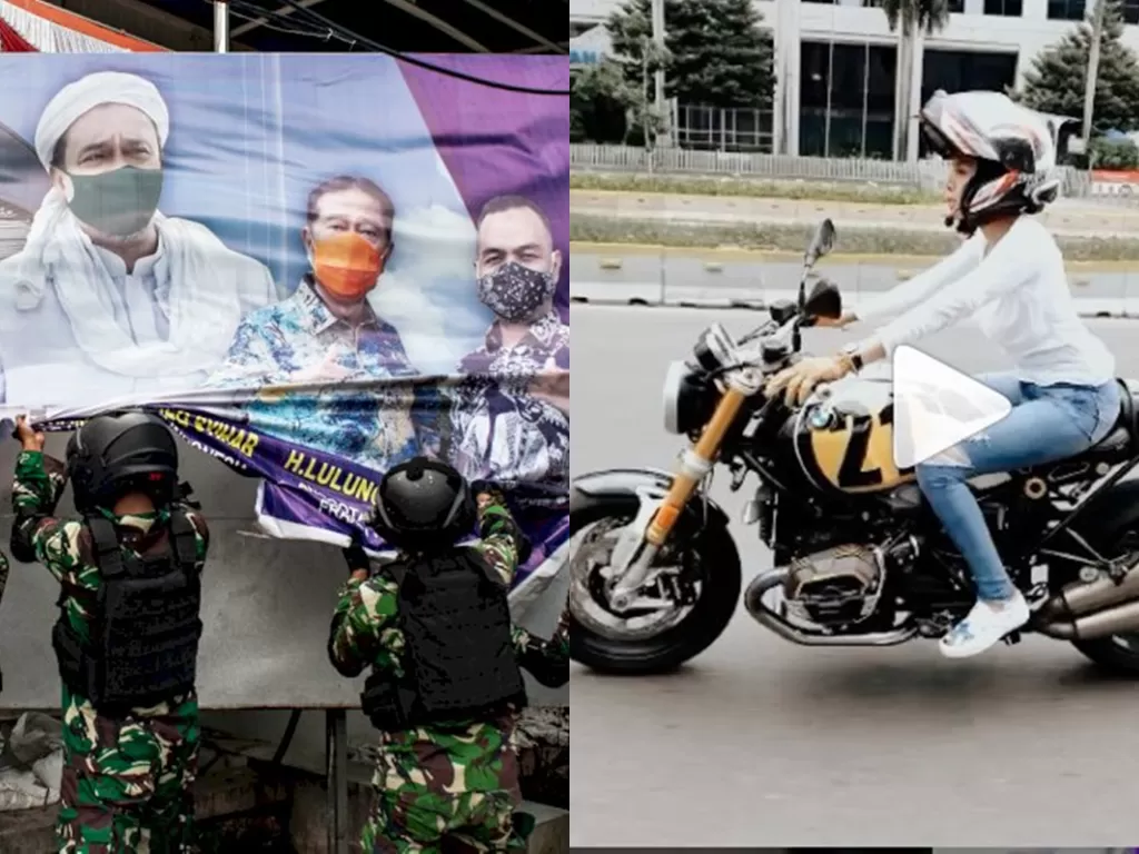 Prajurit TNI menertibkan spanduk tidak berizin saat patroli keamanan di Petamburan, Jakarta, Jumat (20/11/2020). (Antara/Aprillio Akbar)