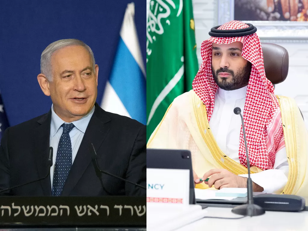 Perdana Menteri Israel Benjamin Netanyahu (kiri), dan  Putra Mahkota Saudi Mohammed bin Salman. (Maya Alleruzzo/pool REUTERS).