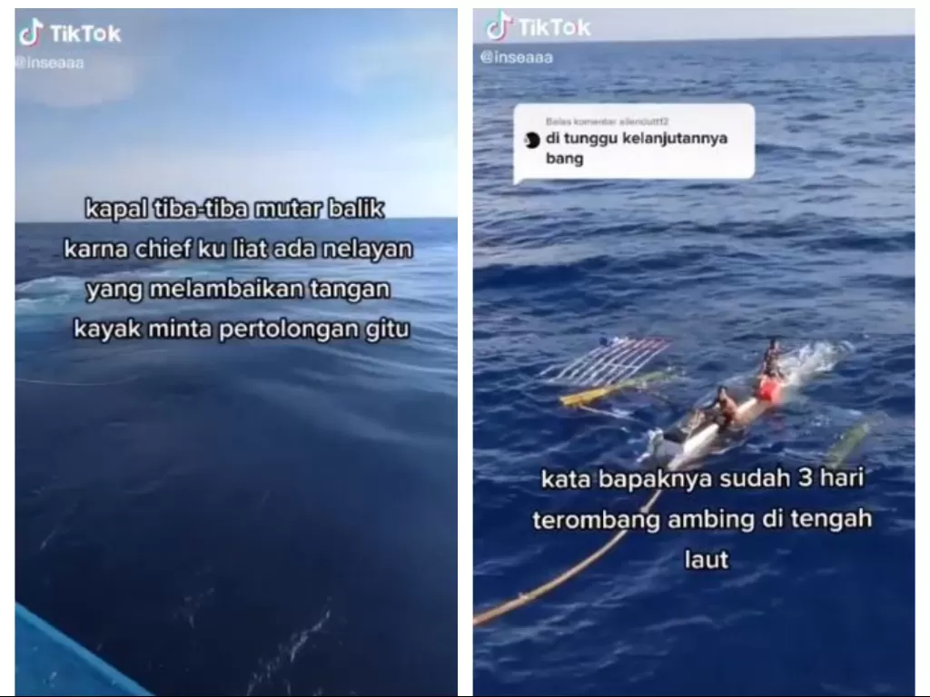 Aksi dramatis kru kapal selamatkan 2 nelayan yang terombang ambing di laut. (TikTok/@inseaaa-Instagram/@duniaremong)