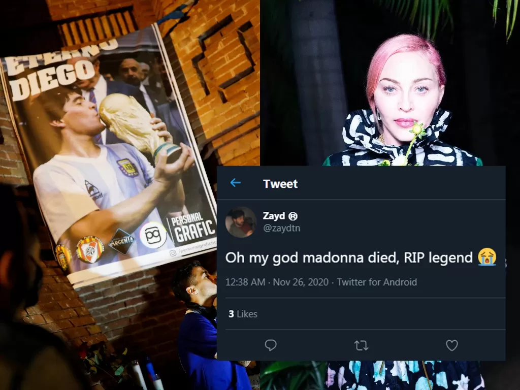 Kiri: Warga berkabung atas meninggalnya Diego Maradona (REUTERS/Nacho Doce) / Kanan: Madonna (Instagram/madonna) / Insert: Twitter