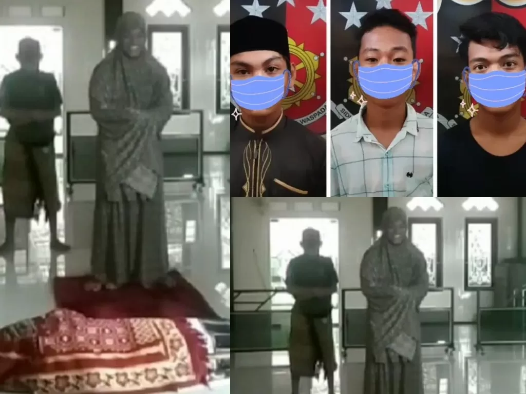 Cuplikan video salat jenazah yang viral serta ketiga pelaku saat diciduk Kepolisian (Istimewa)