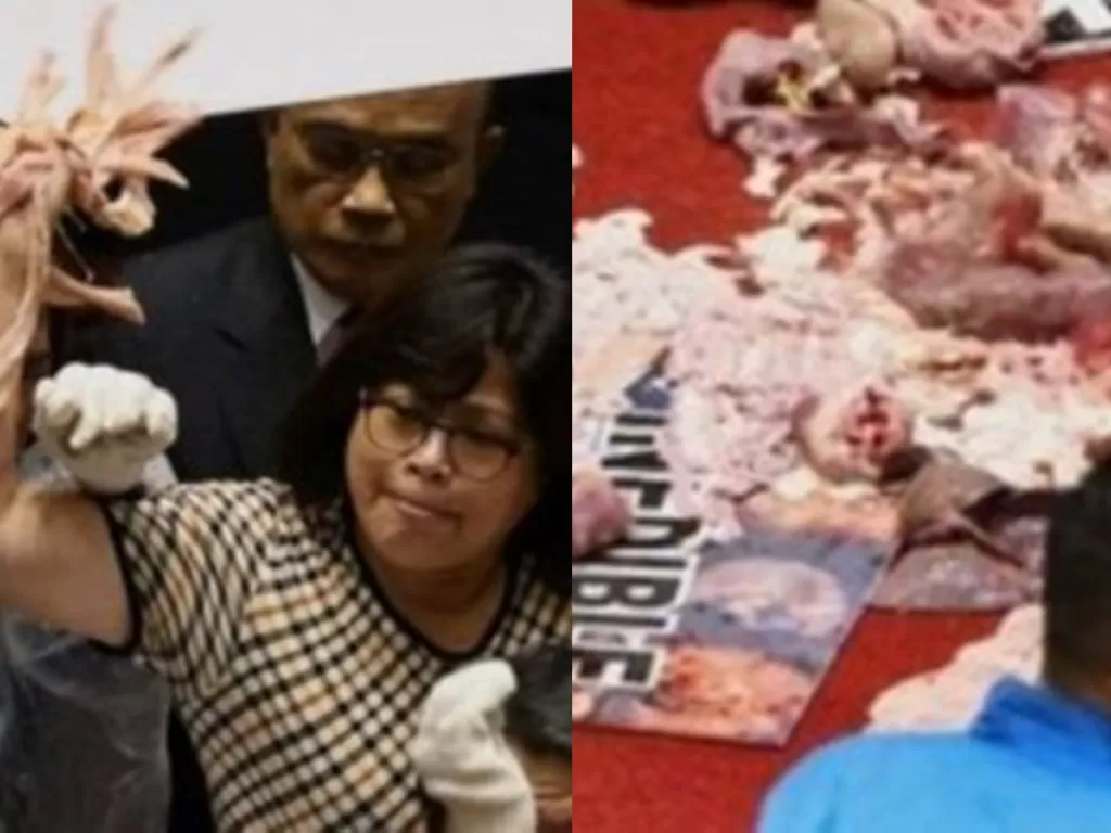 Anggota DPR melempar usus babi pada rapat parlemen Taiwan (Reuters via BBC)