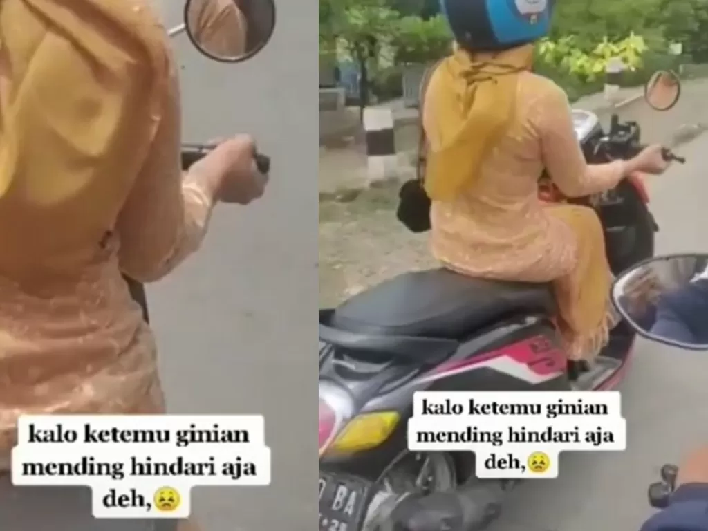 Wanita pegang setang motor dengan tangan terbalik. (ist)