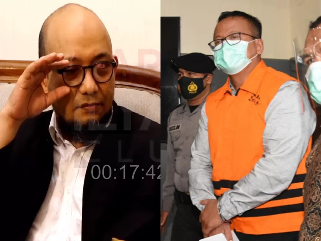 Kolase foto penyidik KPK Novel Baswedan (YouTube Karni Ilyas Club) dan mantan Menteri Kelautan dan Perikanan Edhy Prabowo (ANTARA)