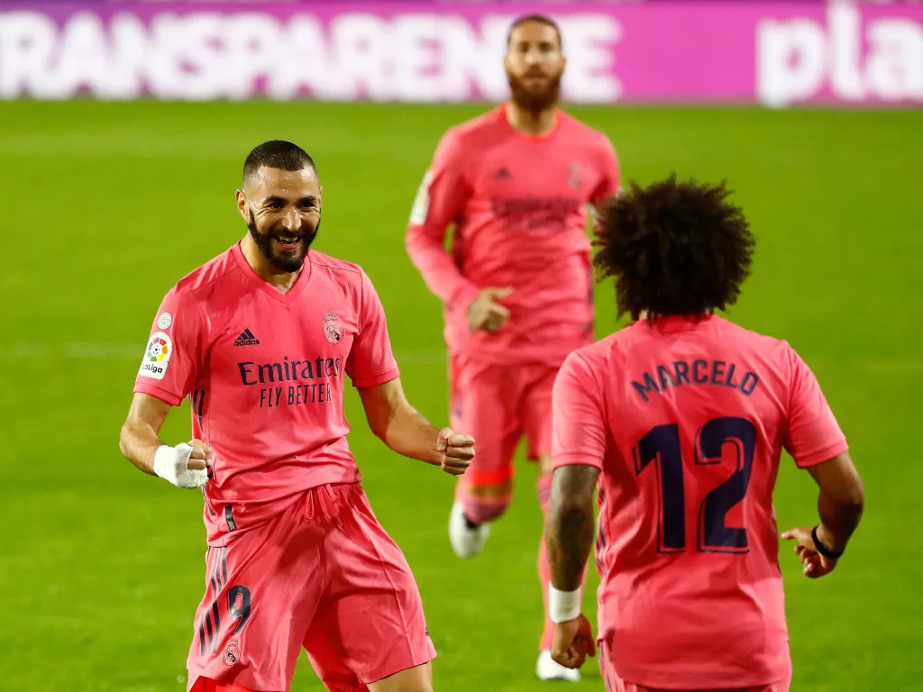 Karim Benzema, Sergio Ramos dan Marcelo (REUTERS/JUAN MEDINA)