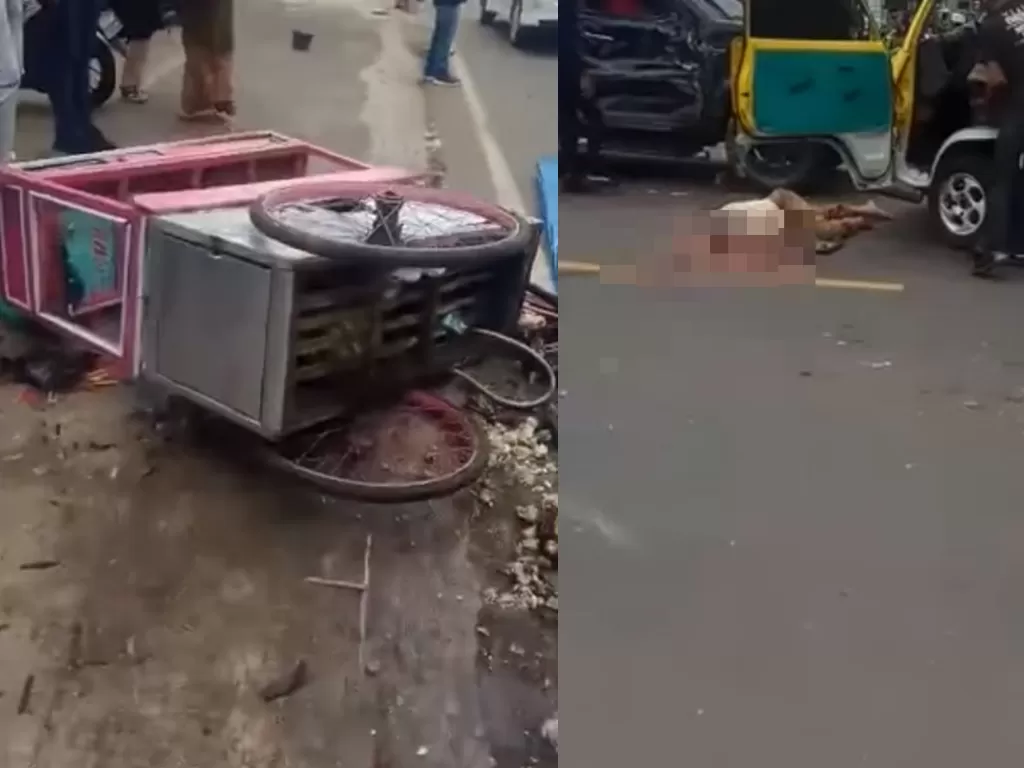 Gerobak bakso dan korban tergeletak di jalan dalam kecelakaan maut di Sumedang. (ist)