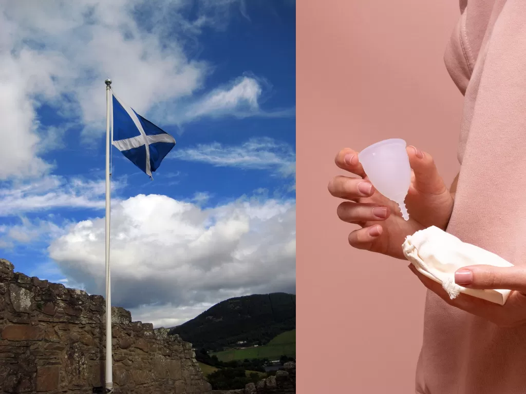Potret bendera Skotlandia (kanan), tampon untuk menstruasi (kiri). (en.wikipedia.org/Unsplash/@ocilie)