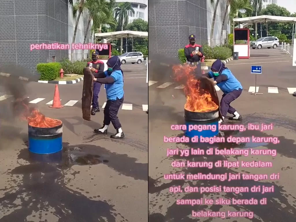 Cuplikan video saat wanita yang bagikan tips padamkan api dengan karung goni. (photo/TikTok/@irma_azka)