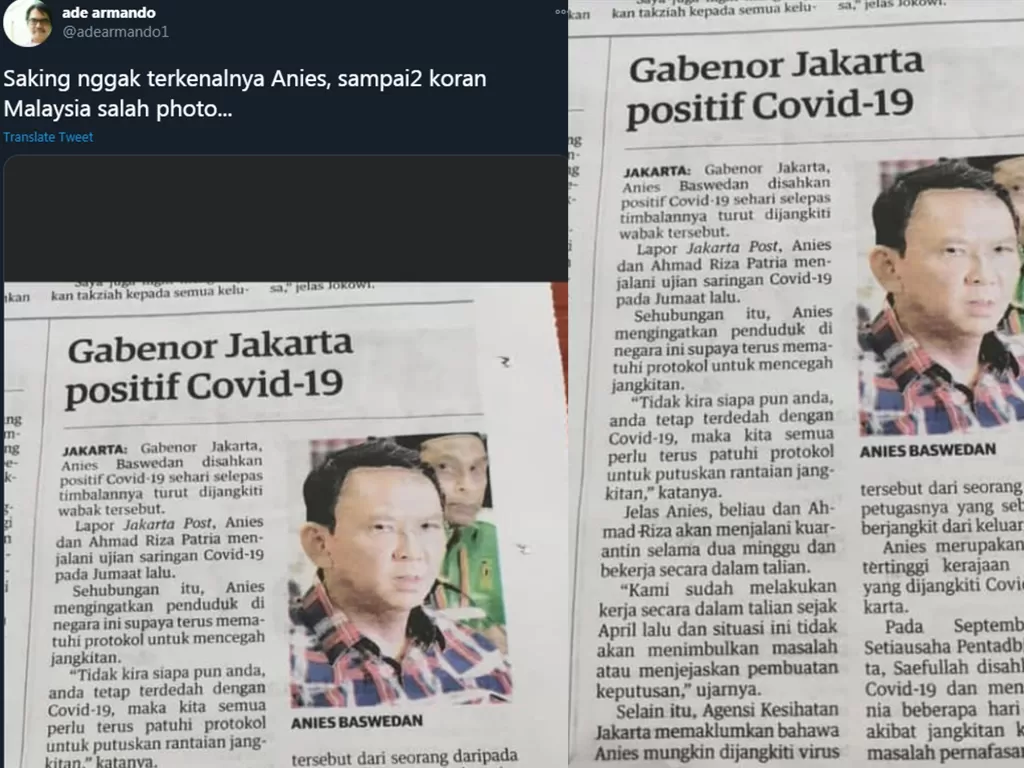 Ade Armando unggah foto potongan koran Malaysia pasang muka Ahok saat beritakan Gubernur DKI Jakarta (Twitter/@adearmando1)
