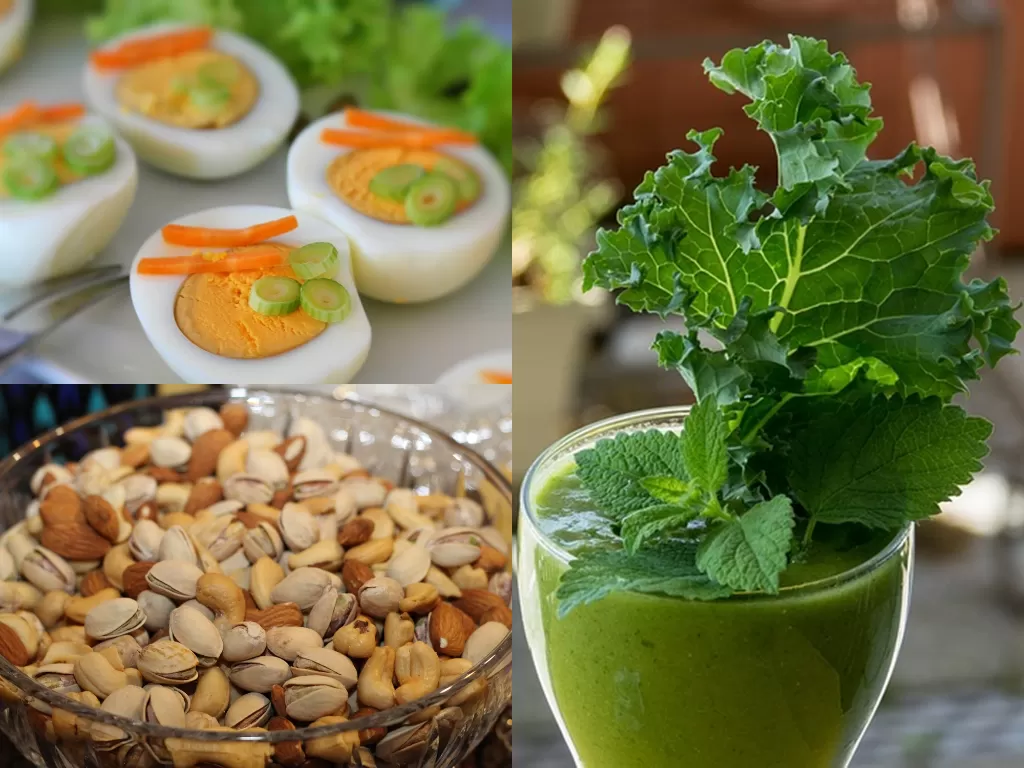 Telur, kacang-kacangan dan sayuran hijau. (Pixabay/RitaE/ Monikabaechler/Pexels/Meharn B)