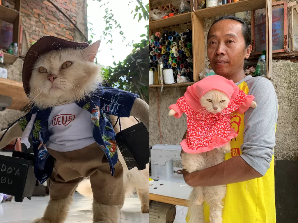 Fredi Lugina Priadi, menggendong kucingnya yang mengenakan kostum cosplay di Bogor, di pinggiran Jakarta, 26 November 2020. (photo/REUTERS /Yuddy Cahya Budiman)