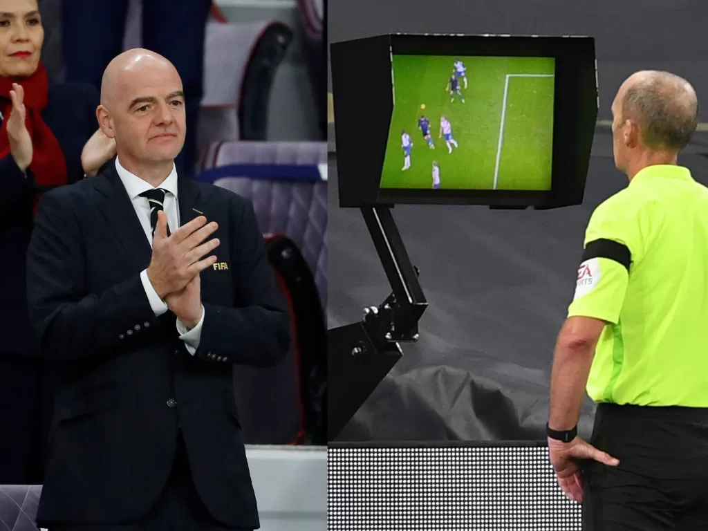 Gianni Infantino (kiri), Ilustrasi VAR (kanan). (REUTERS/KAI PFAFFENBACH/NEIL HALL)
