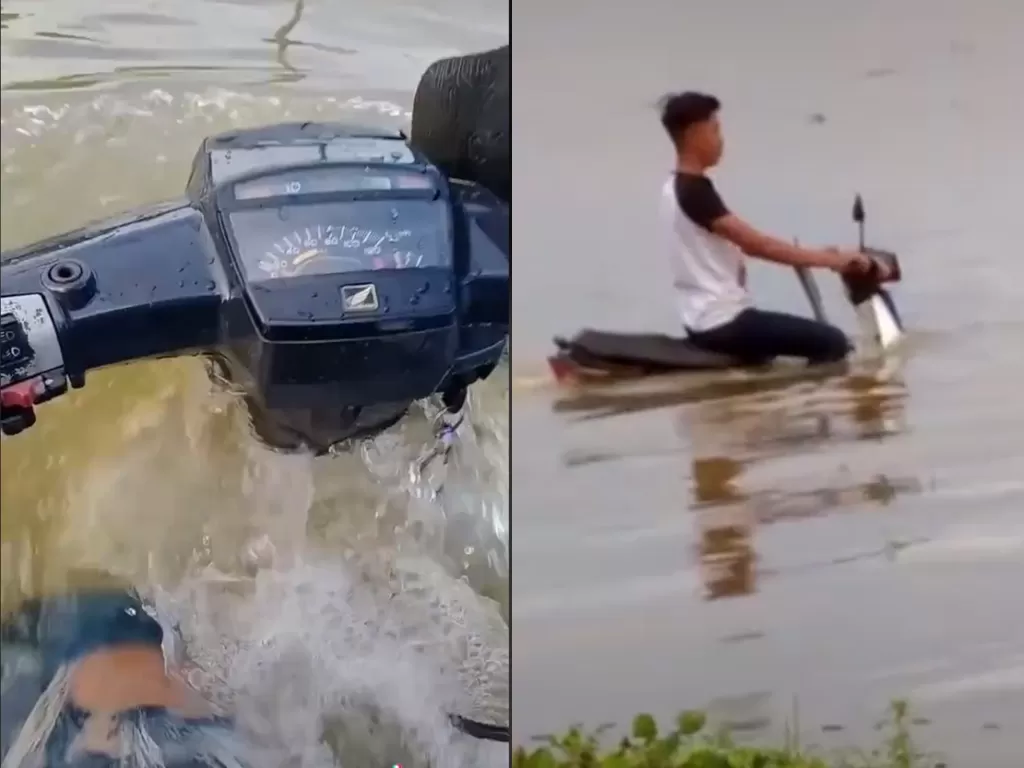 Cuplikan video saat pria yang bawa motor dalam air. (photo/TikTok/@abeyxsemakk)