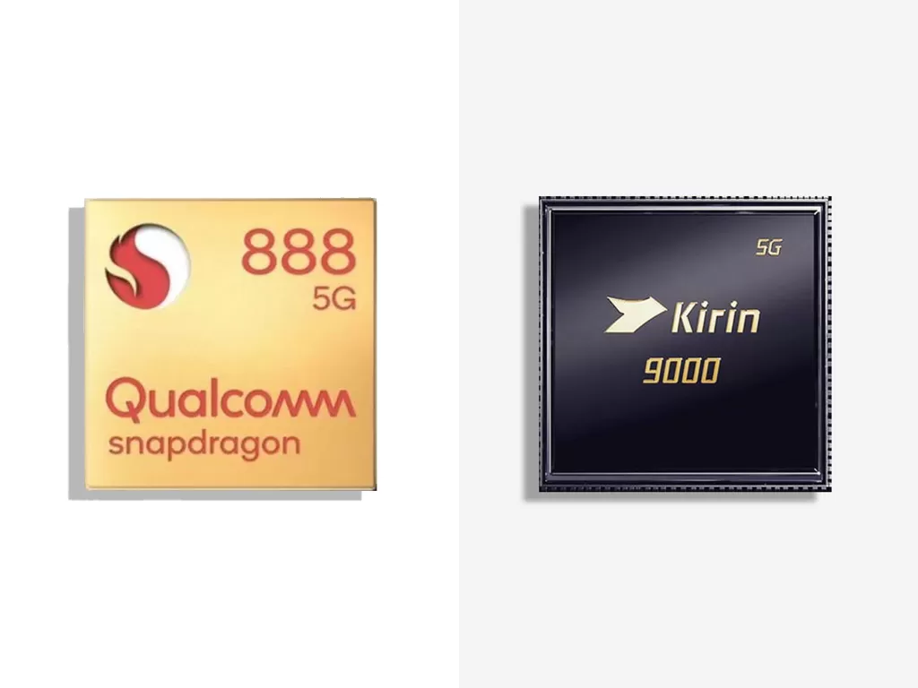 Tampilan chipset Snapdragon 888 dengan Kirin 9000 (photo/Qualcomm/Huawei)