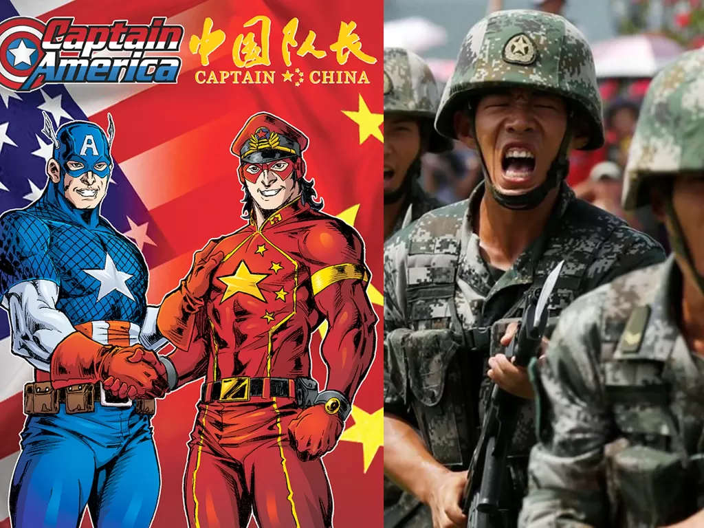 Kiri: Captain America dan Captain China (Ilustrasi/Deviantart/SXGodzilla) / Kanan: Ilustrasi tentara China (Reuters/Tyrone Siu)