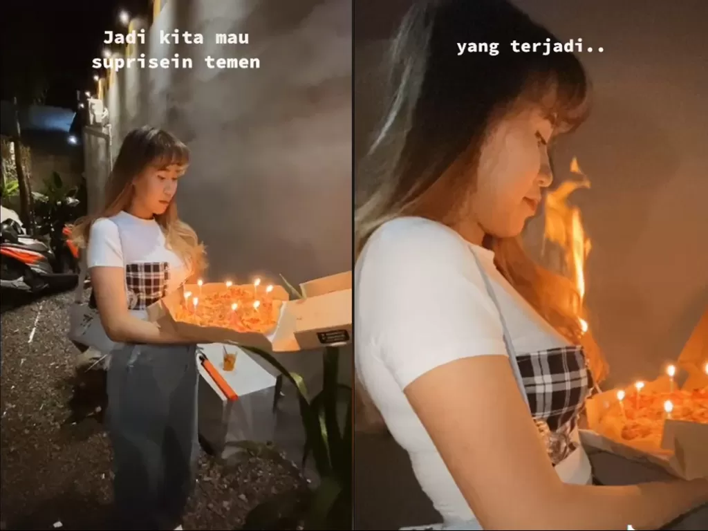 Cuplikan video cewek yang rambutnya terkena api lilin kue ulang tahun. (photo/TikTok/@viosaf)