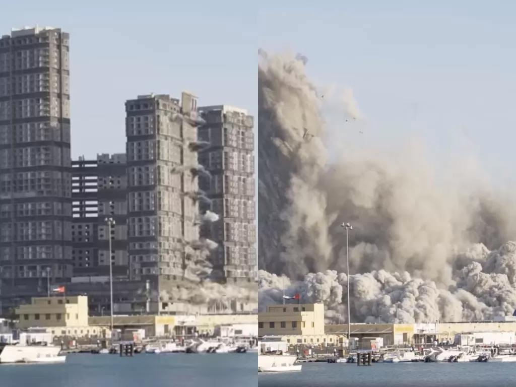 Cuplikan video saat gedung 144 lantai yang dihancurkan dengan bahan peledak. (photo/Facebook/Guinness Book of Records)