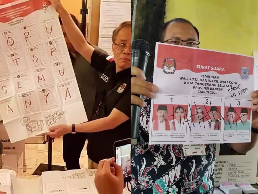 Petugas TPS menunjukkan surat suara yang dicoret-coret. (Facebook/Dandhy Dwi Laksono)