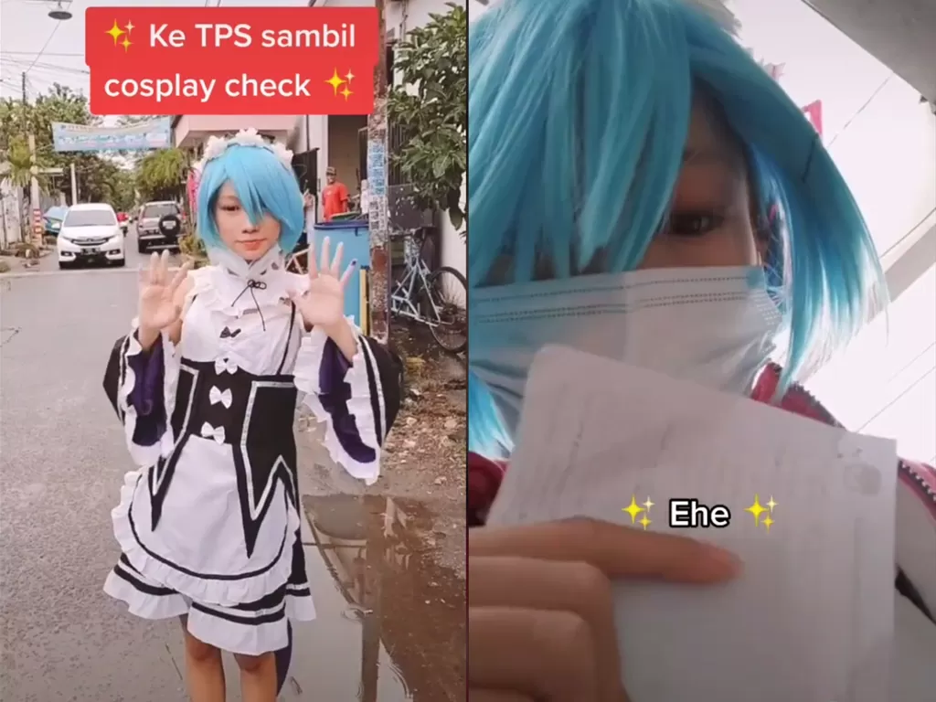 Cuplikan video saat cewek yang coblos ke TPS menggunakan cosplay anime. (photo/TikTok/@shinamouri)