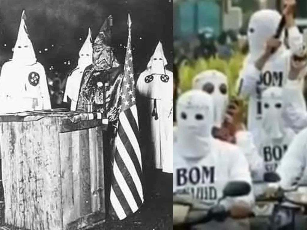 Penampilan kelompok rasis Ku Klux Klan di AS (kiri) dengan kelompok 'Bom Syahid FPI (kanan). (Ist)