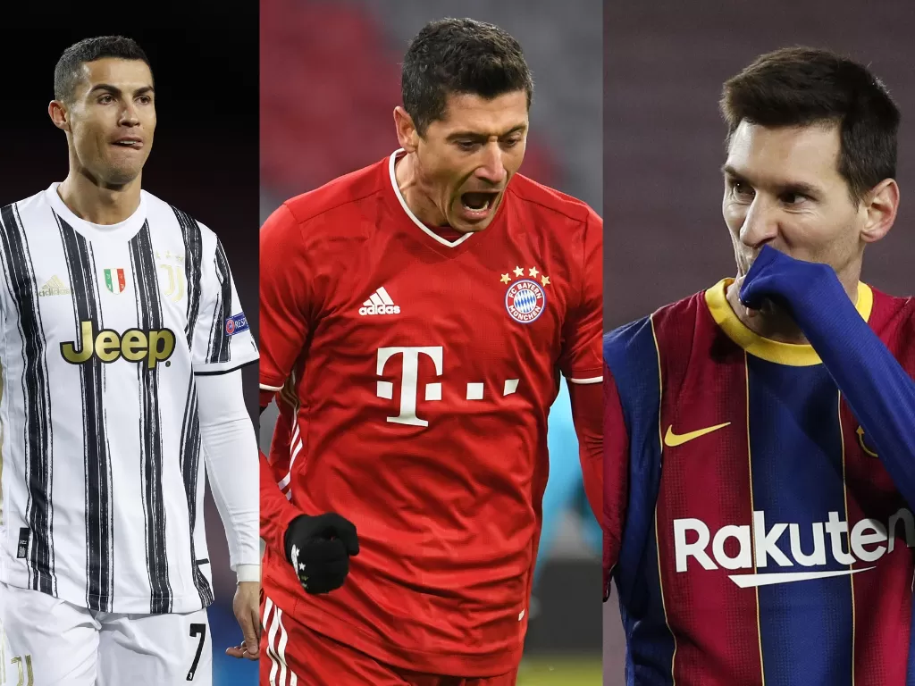 Cristiano Ronaldo (kiri), Robert Lewandowski (tengah), Lionel Messi (kanan). (REUTERS/ALBERT GEA)