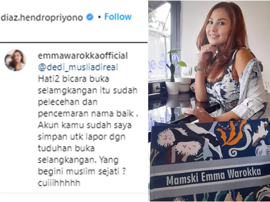 Emma Warokkan 'ngamuk' dituduh buka selangkangan oleh netizen di kolom komentar unggahan Instagram Diaz Hendropriyono. (Instagram)