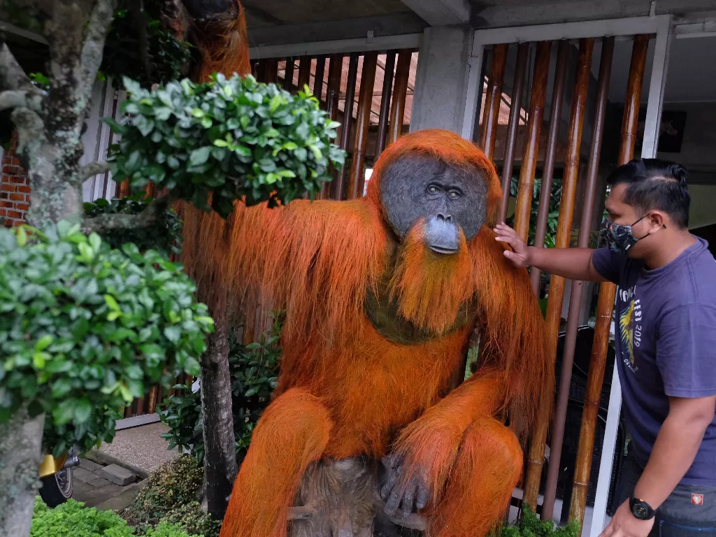 Petugas YOSL-OIC membersihkan patung Orangutan Sumatera (Pongo abelii). ANTARA FOTO/Irsan Mulyadi