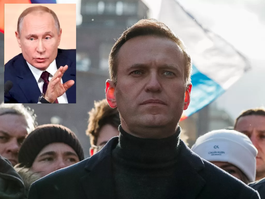 Aktivis politik Rusia Alexei Navalny  (REUTERS/Shamil Zhumatov), Insert: Presiden Rusia Vladimir Putin (REUTERS/Evgenia Novozhenina).