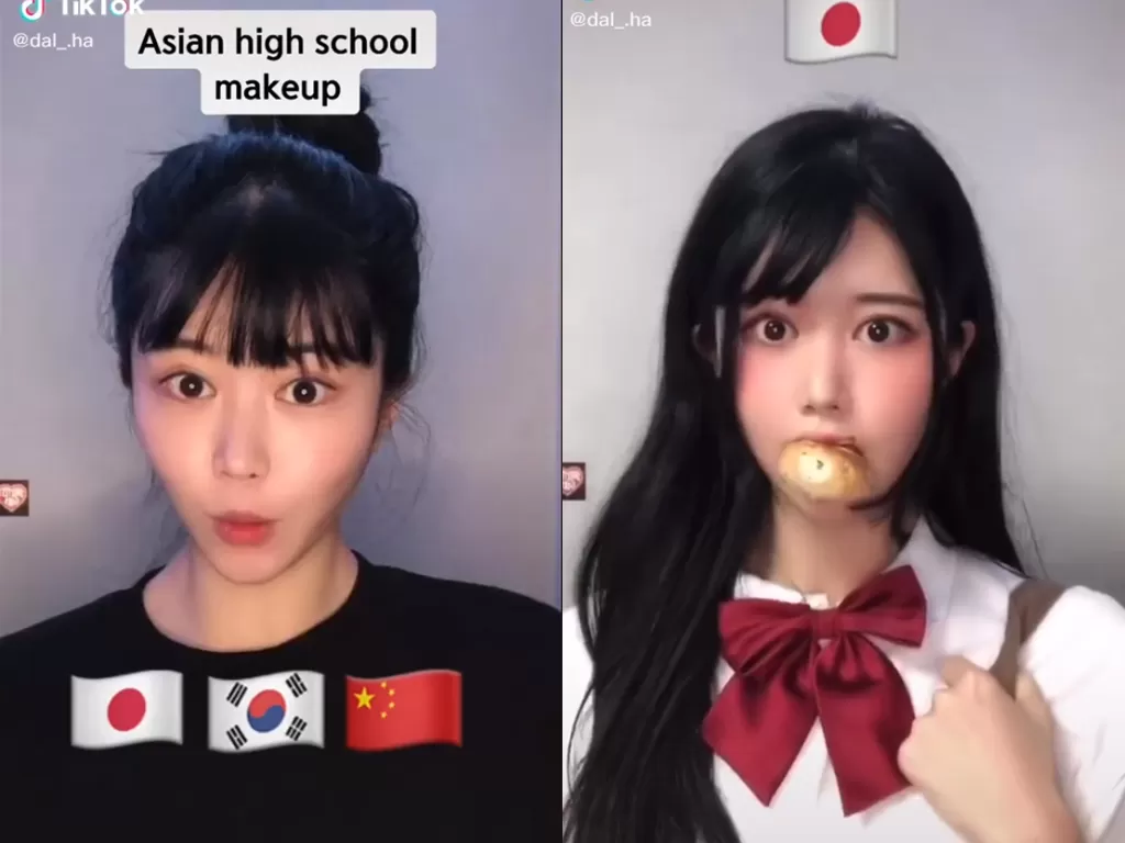 Cuplikan video saat cewek yang buat perbandingan make up anak sekolah antar negara. (photo/TikTok/@dalha_)
