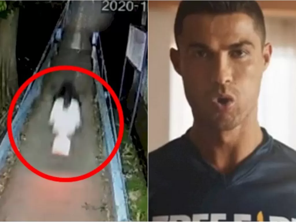 Kiri: Rekaman CCTV pengendara bonceng sosok mirip kuntilanak. (Facebook/Hari via Info Depok). Kanan: Cristiano Ronaldo (freefirebgid)