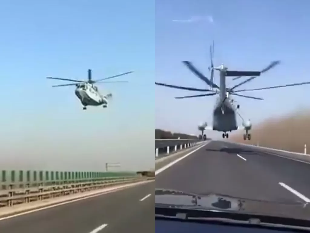 Helikopter ini hampir tindih pengguna jalan. (Photo/Twitter/@OedoSoldier)