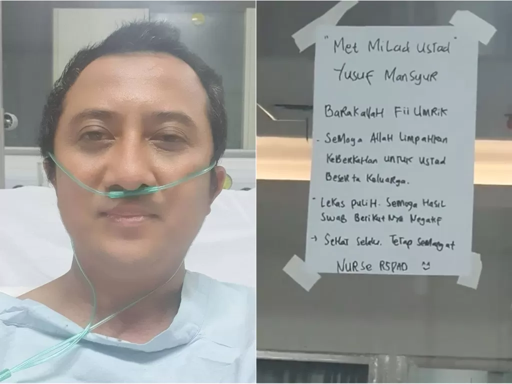 Kiri: Ustaz Yusuf Mansur. Kanan: Ucapan selamat ulang tahun untuk Ustaz Yusuf Mansur dari perawat di RSPAD. (Instagram/@yusufmansurnew)