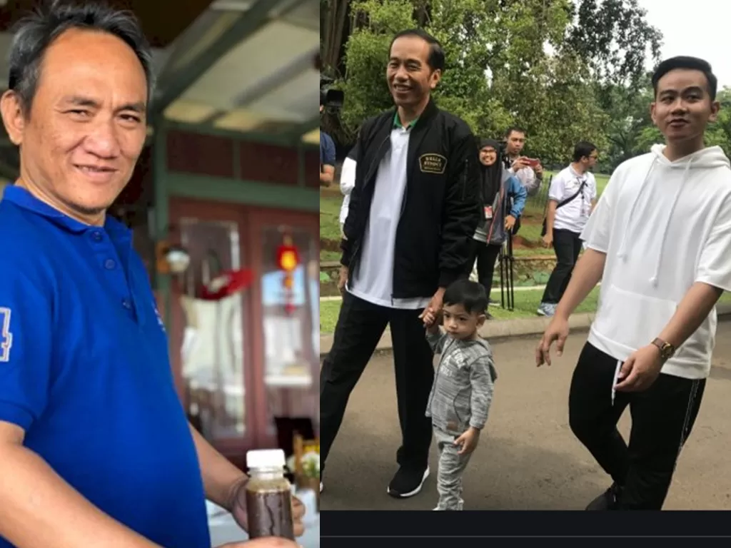 Kiri: Andi Arief (ist); Kanan: Jokowi berjalan bersama Gibran dan cucu (Antara/Hanni Sofia)