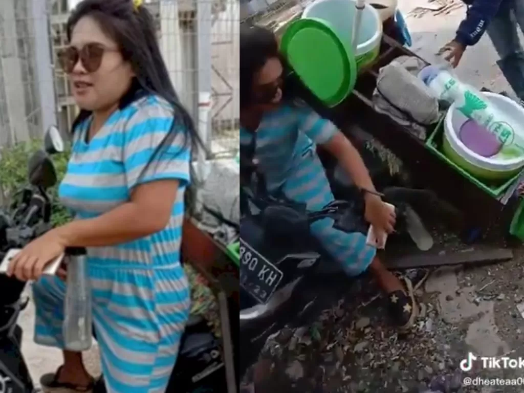 Cuplikan momen seorang wanita menumpahkan gerobak cendol milik tukang cendol. (Ist)