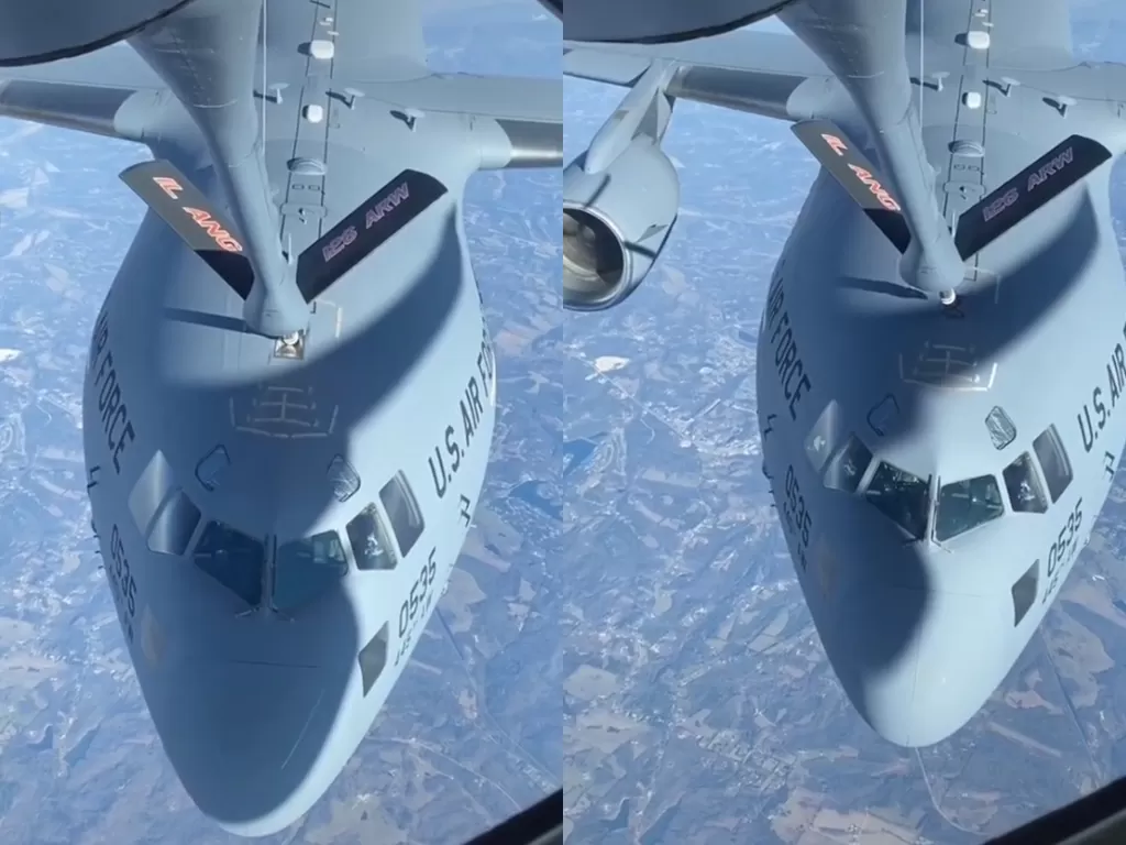 Cuplikan video pesawat isi bahan bakar di atas udara. (photo/TikTok/@riovacci)