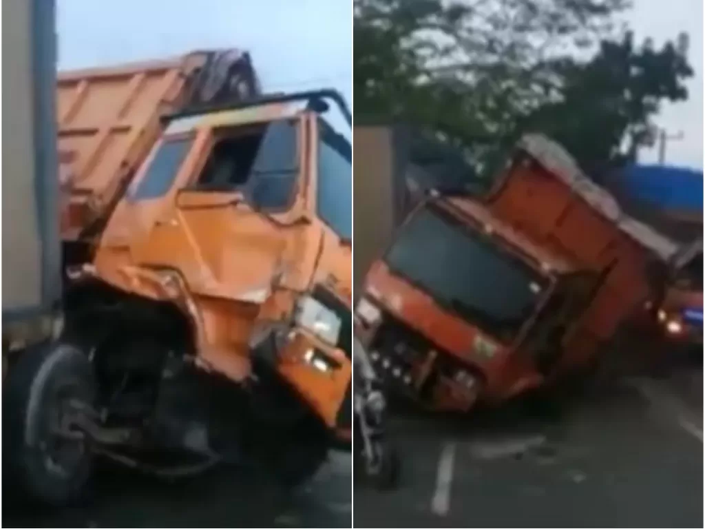Tiga unit truk terlibat kecelakaan beruntuk di Jalan Lintas Medan Tebih Tinggi (Foto: Tangkapan layar @ devina_jasmine_wijaya