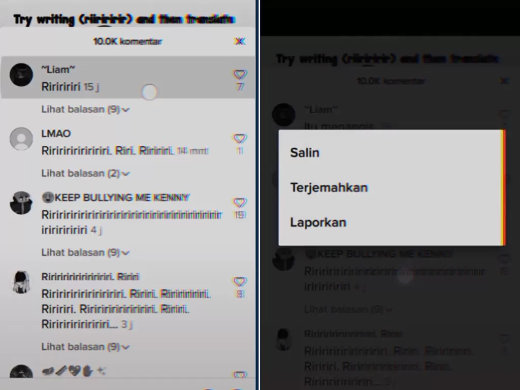 Cuplikan video saat bahasa ririri diterjemah mengularkan arti yang menyeramkan. (photo/TikTok/@iniiella)