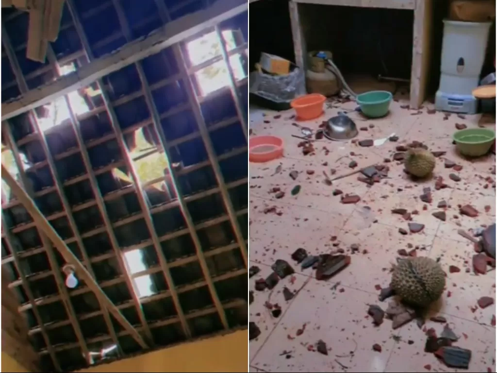 Kondisi dapur seorang warga akibat buah durian jatuh menimpa atap rumahnya (Foto: @makasar_iinfo
