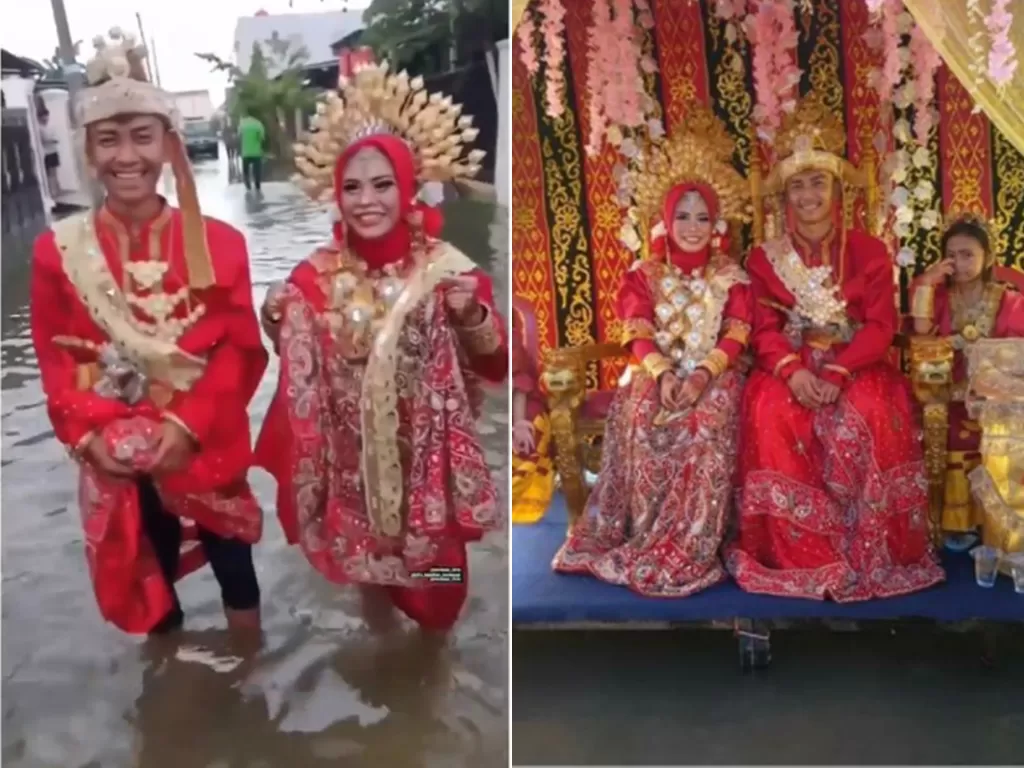 Pasutri yang gelar resepsi pernikahan saat banjir. (photo/Instagram/@makassar_iinfo)