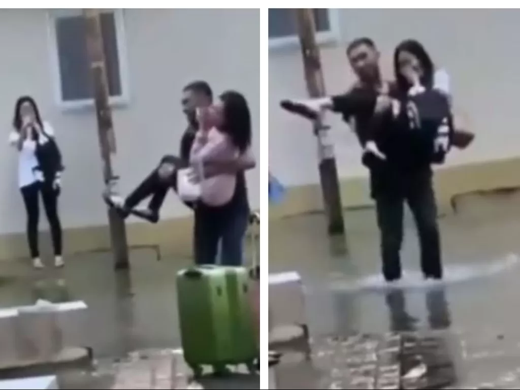 Banjir membawa berkah, cowok ini bisa gendong 2 cewek. (Instagram/@media.virals)