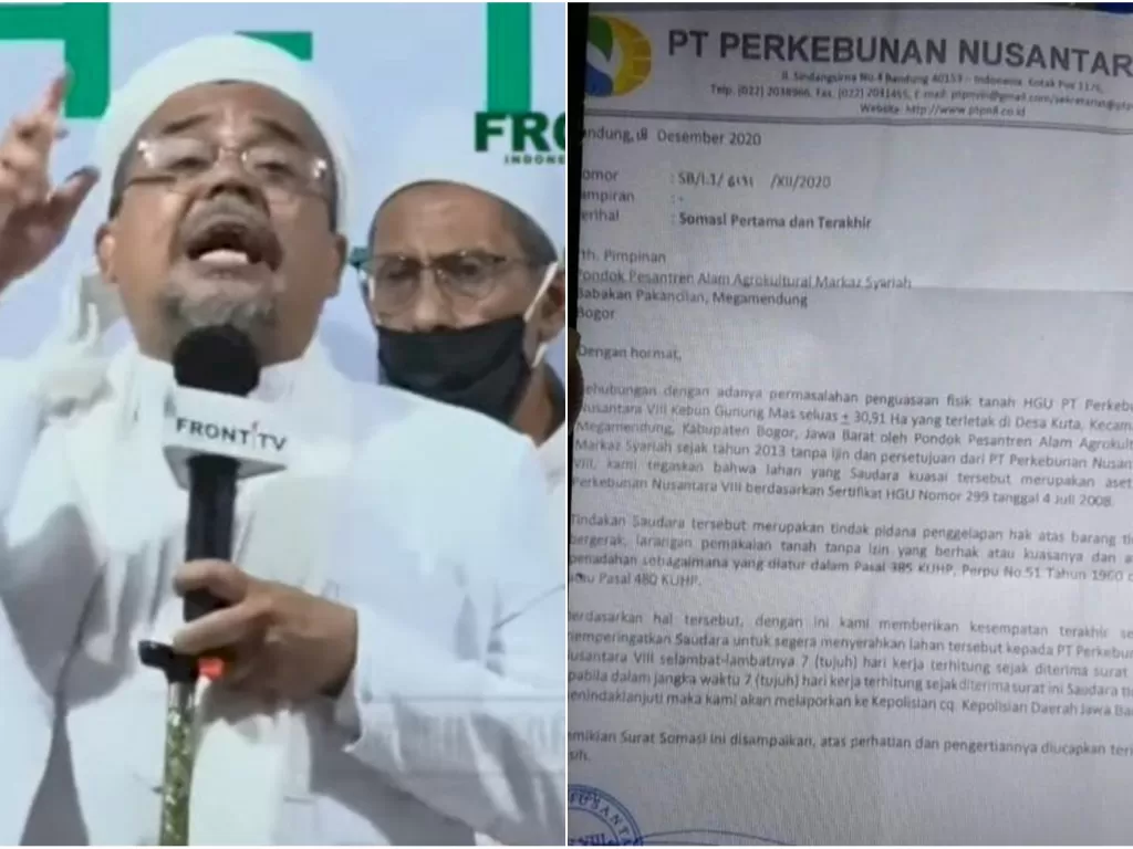 Kiri: Rizieq Shihab (Tangkapan layar Front Tv); kanan: Surat PTPN VIII kepada Ponpes Alam Agrokultural. (Ist)