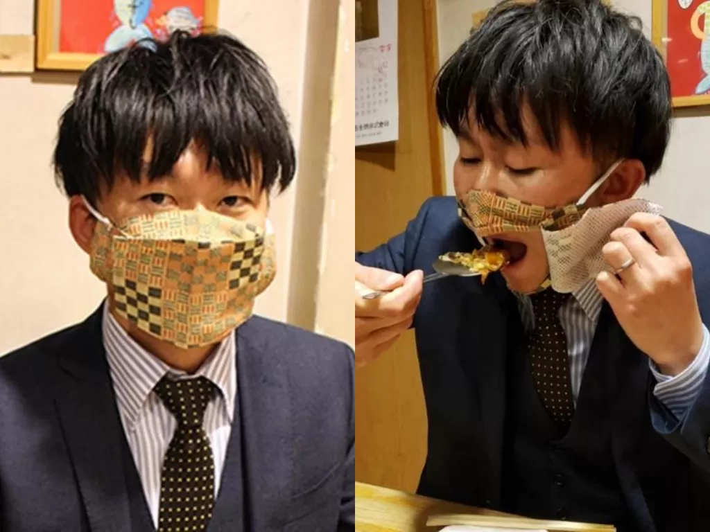 Masker anti repot saat makan. (soranews)