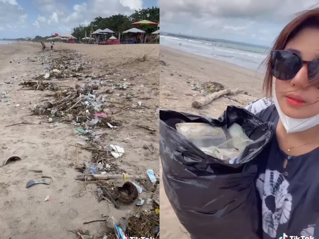Cuplikan video cewek yang mengutip sampah di pantai. (photo/TikTok/@clarashintareal)