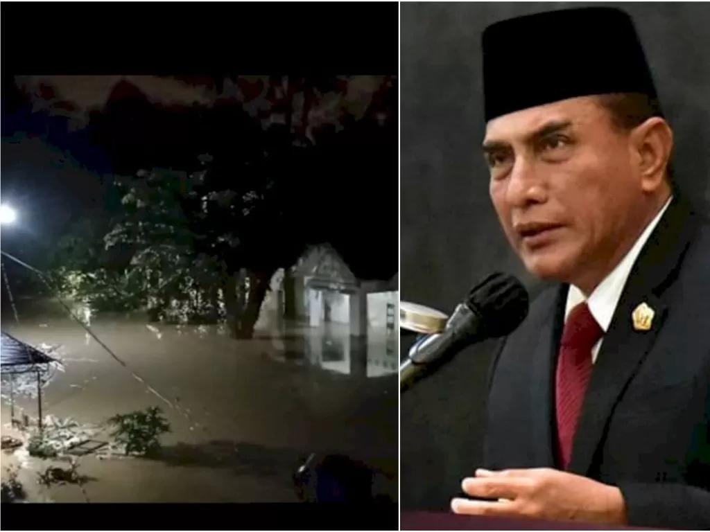 Kiri: Suasana banjir di Desa Tanjung Selamat, Deliserdang. (ist); kanan: Gubernur Sumut, Edy Rahmayadi. (Instagram)